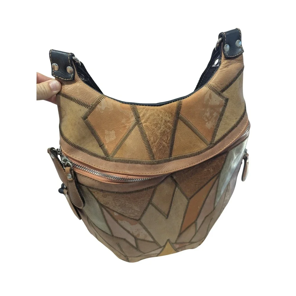 Leonid Titow Patchwork Leather Backpack Brown Tan Geometric Geometric Mosaic Bag